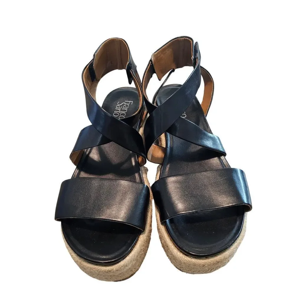Franco Sarto Tabatha Espadrille Womens Size 9.5 Black Sandals Leather Platform